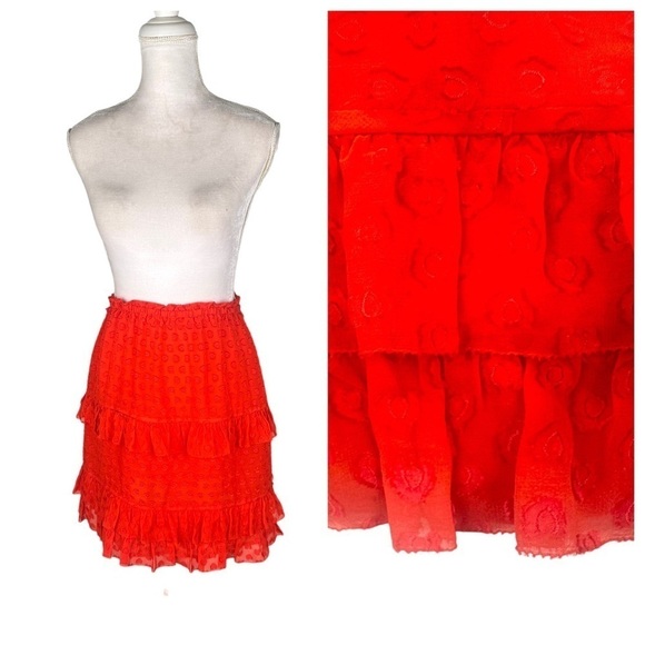 Tory Burch Samba red-orange silk blend tiered ruffle mini skirt textured small - Picture 1 of 15